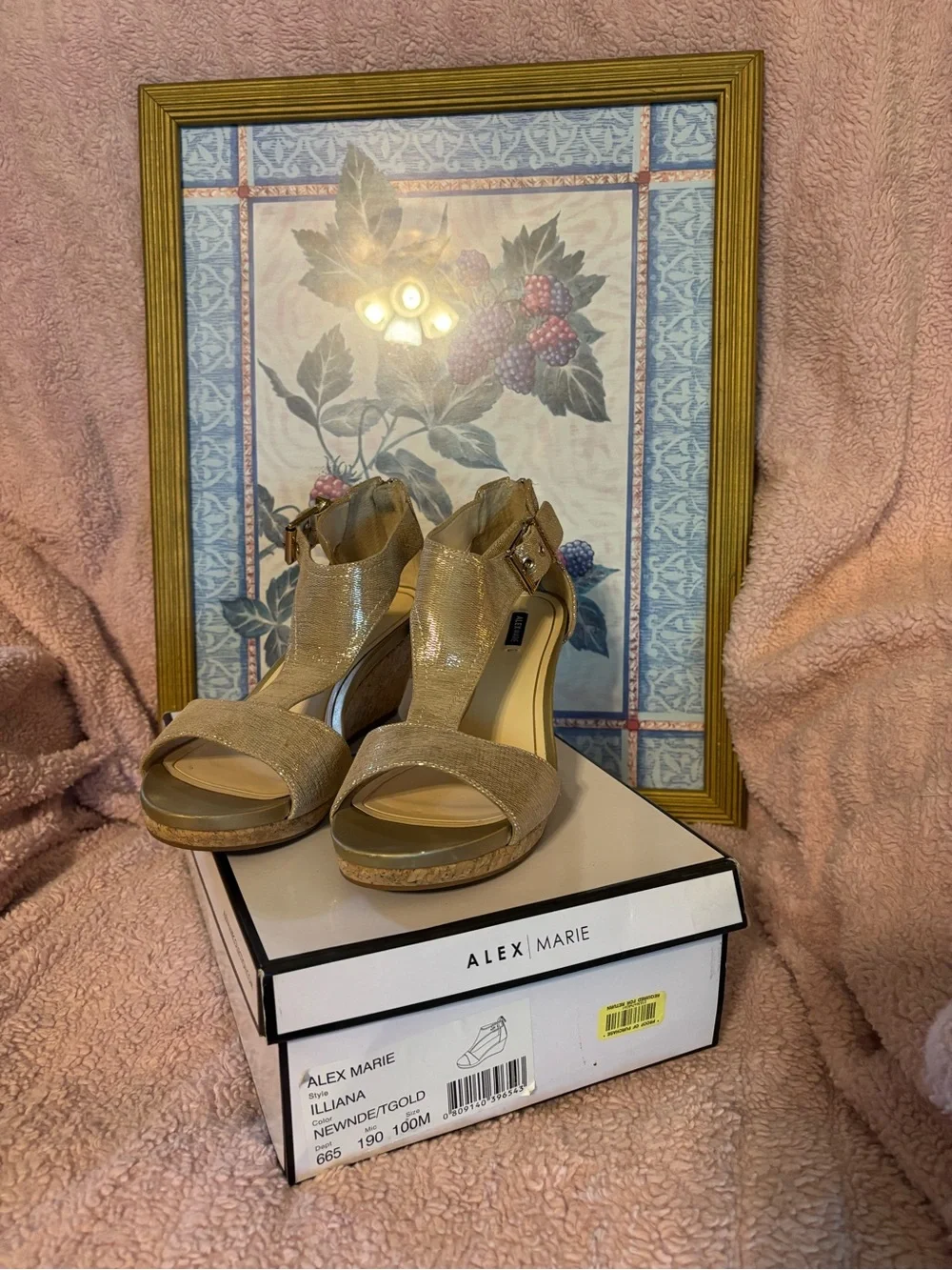Alex Marie Shimmery Tan Wedge Sandals with Ankle Strap